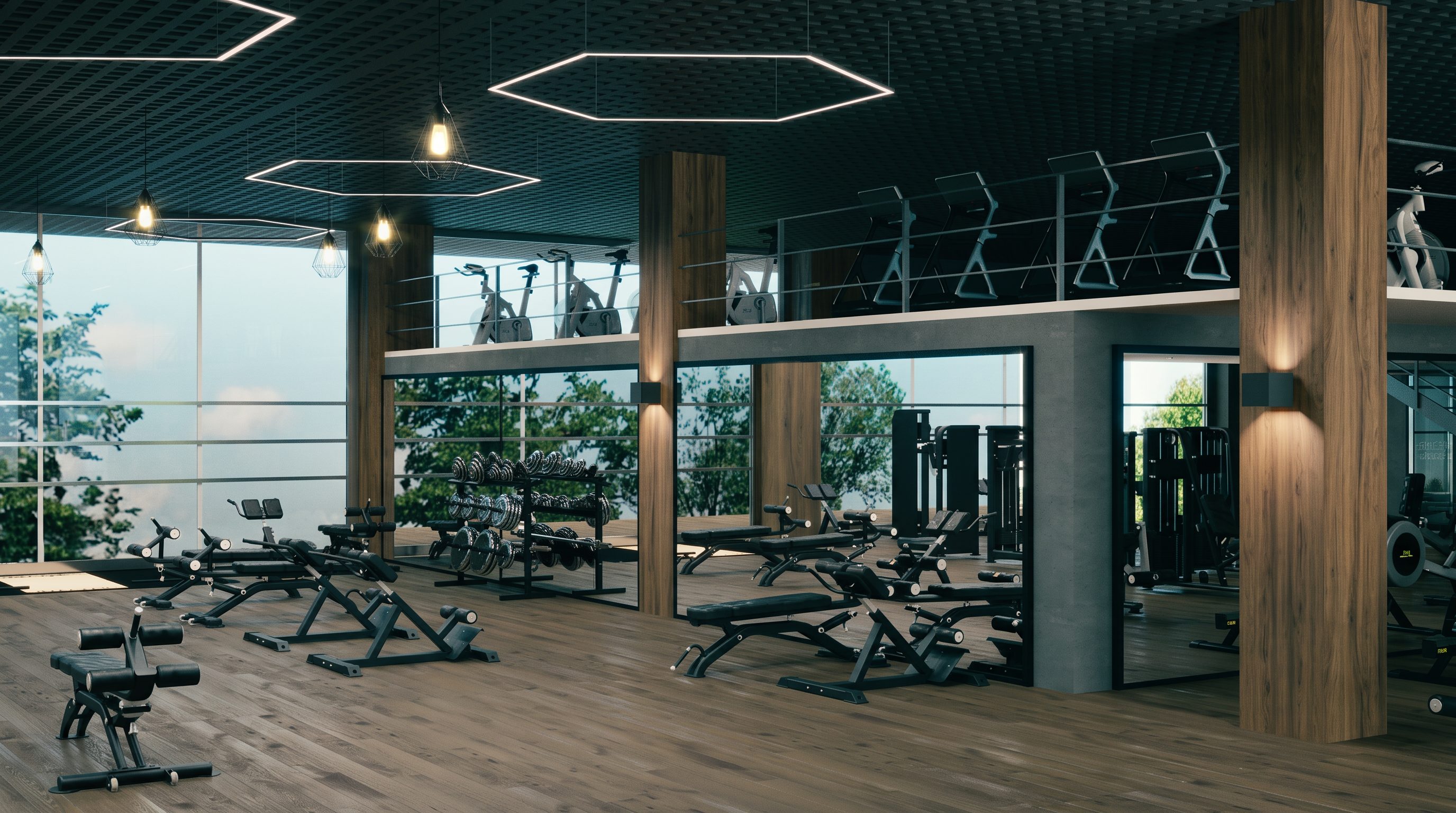 Spacious gym interior from the Trinity Fit residential brochure, with tall windows and strength equipment