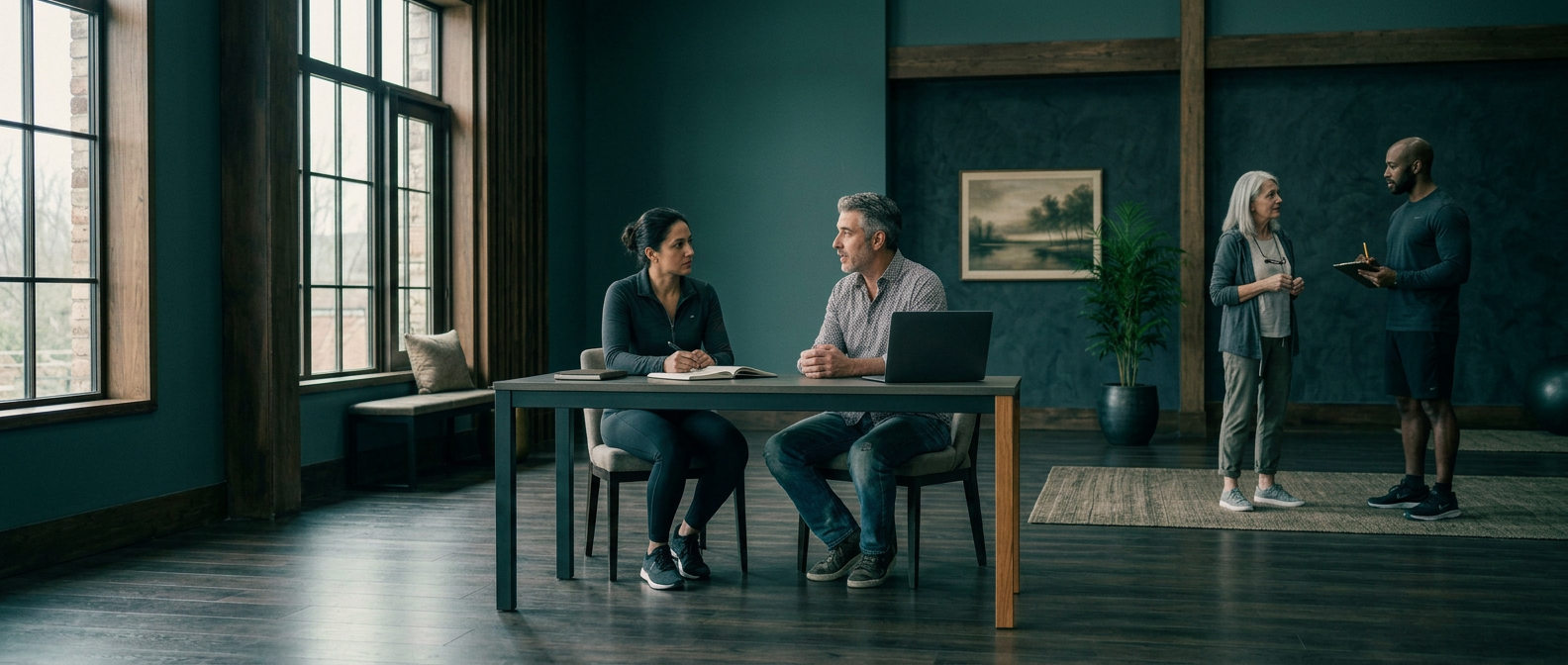 A coach in consultation with a new client in an elegant wellness studio
