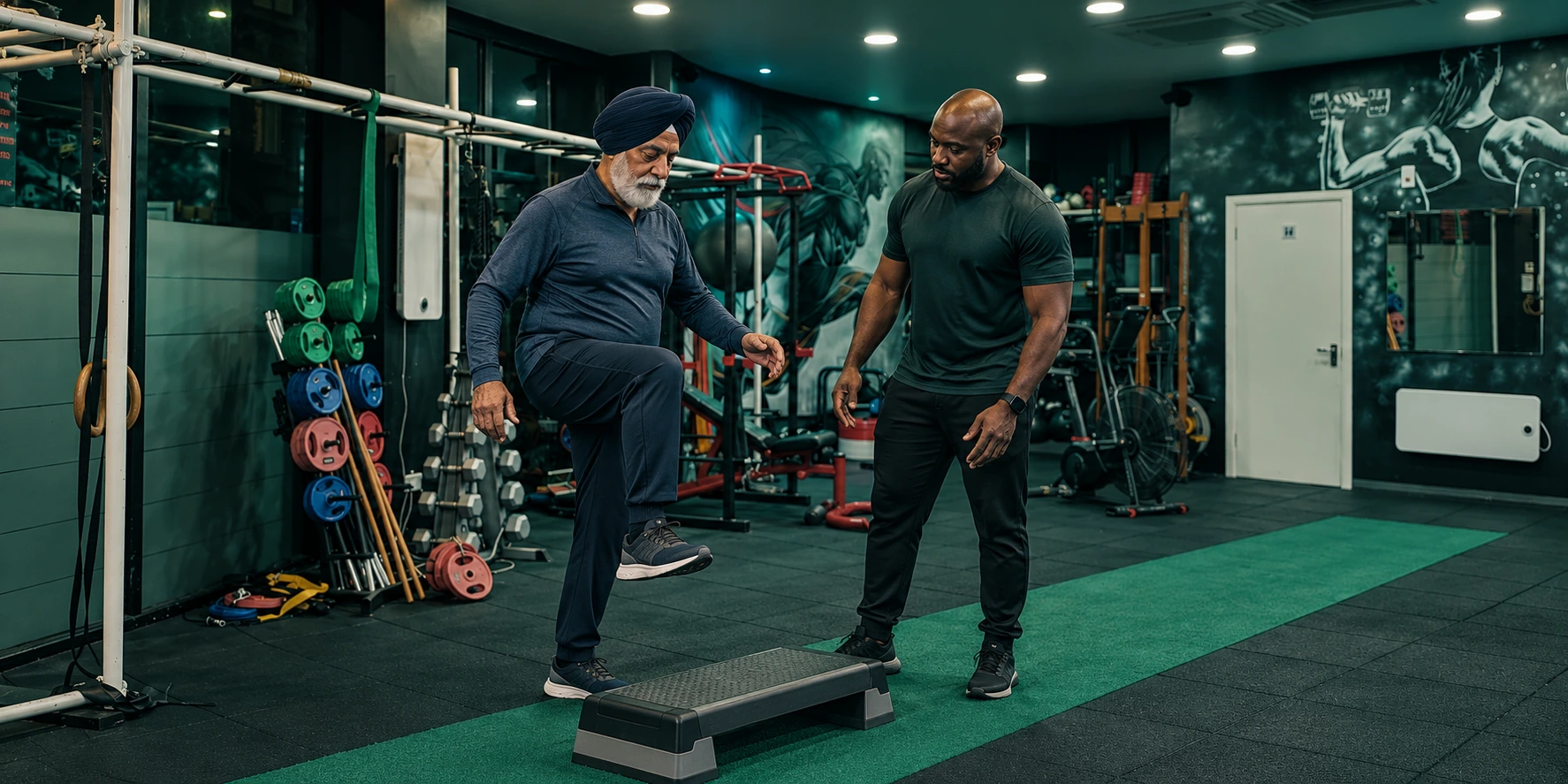 Older man practising balance with his male trainer
