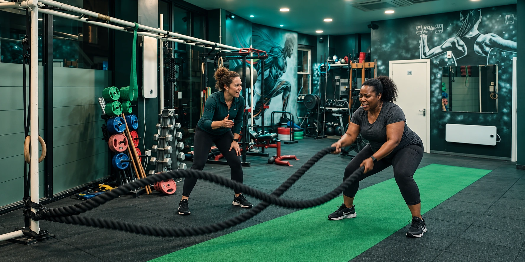 Woman using battle ropes with individual coaching