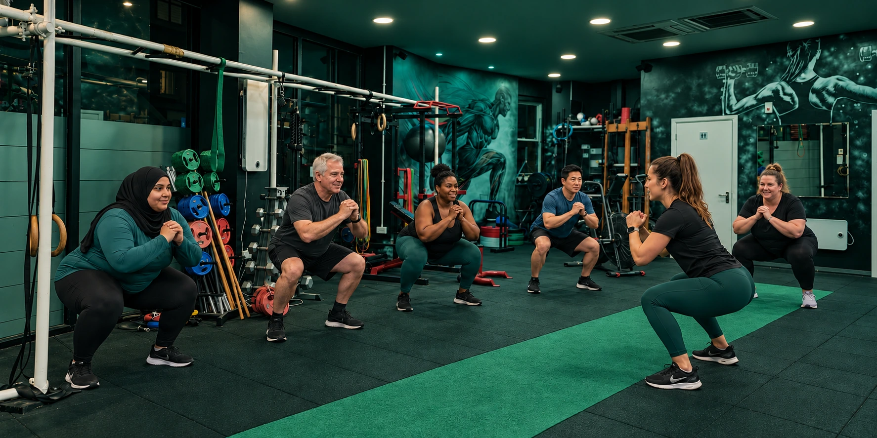 One trainer coaching a group of five adults