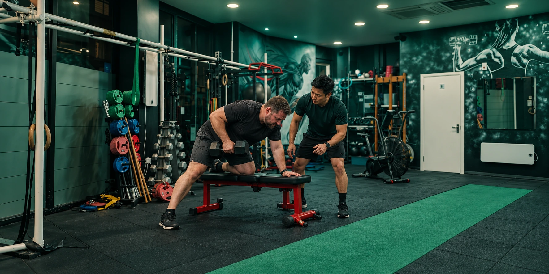 Man learning a supported dumbbell row with his male trainer