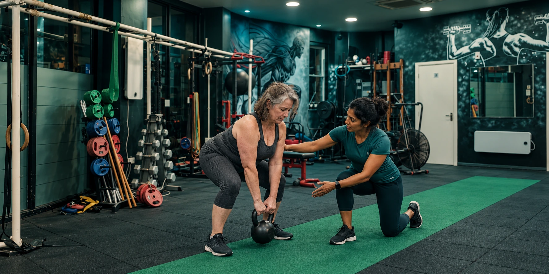 Midlife woman practising a kettlebell deadlift with her female trainer