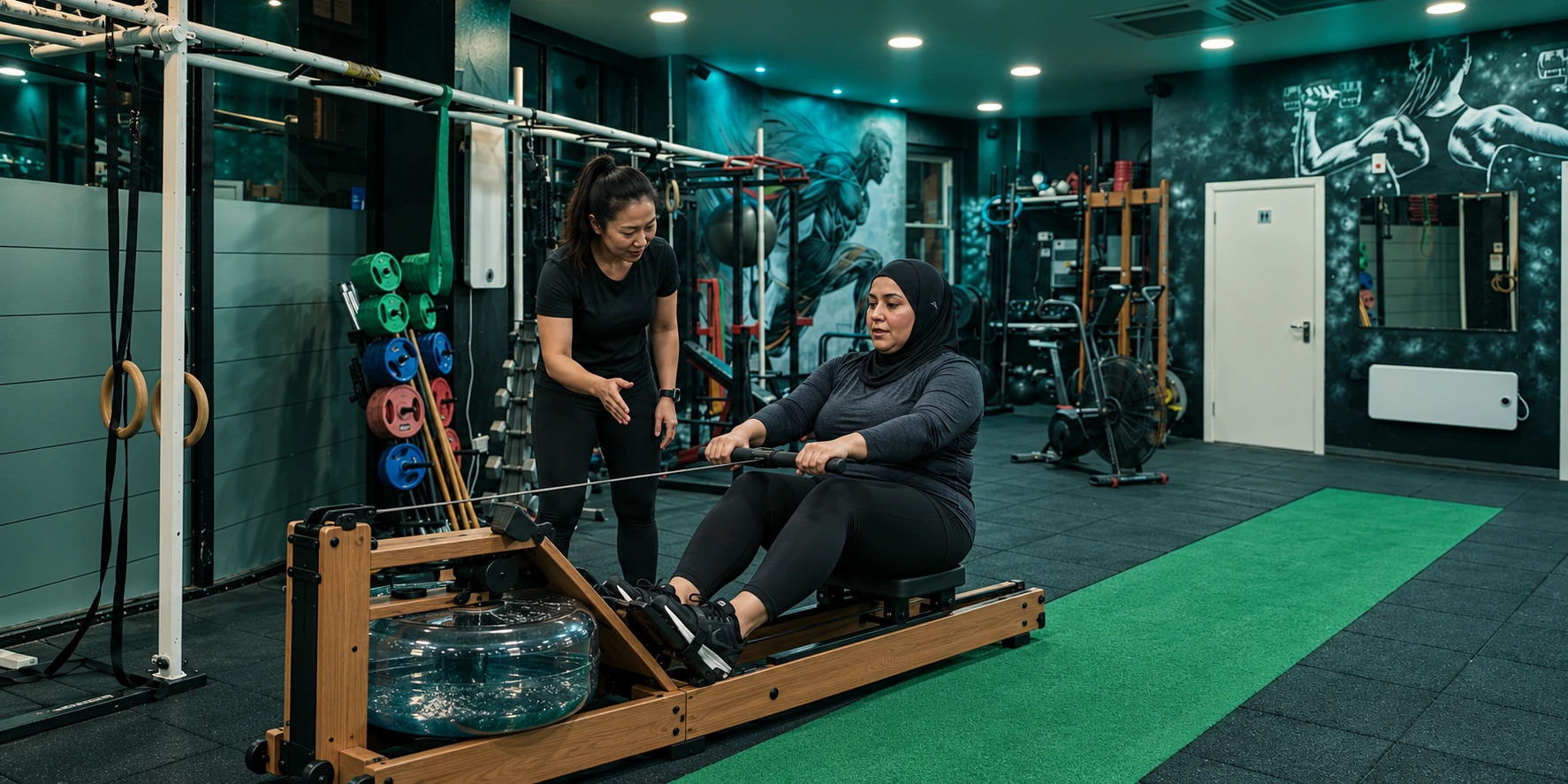 Woman practising on a water rower with her female trainer