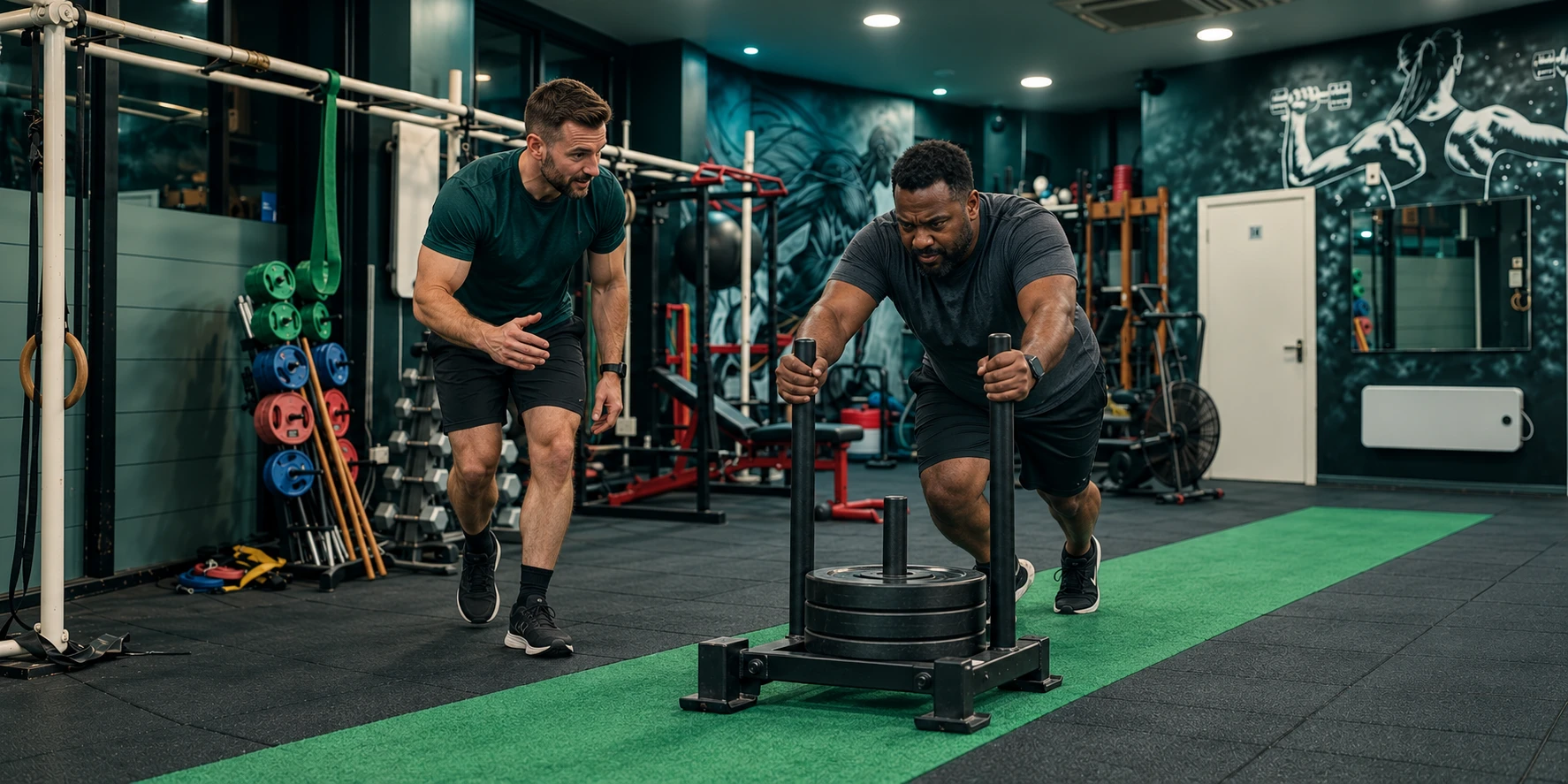 Man pushing a gym sled with a male trainer alongside