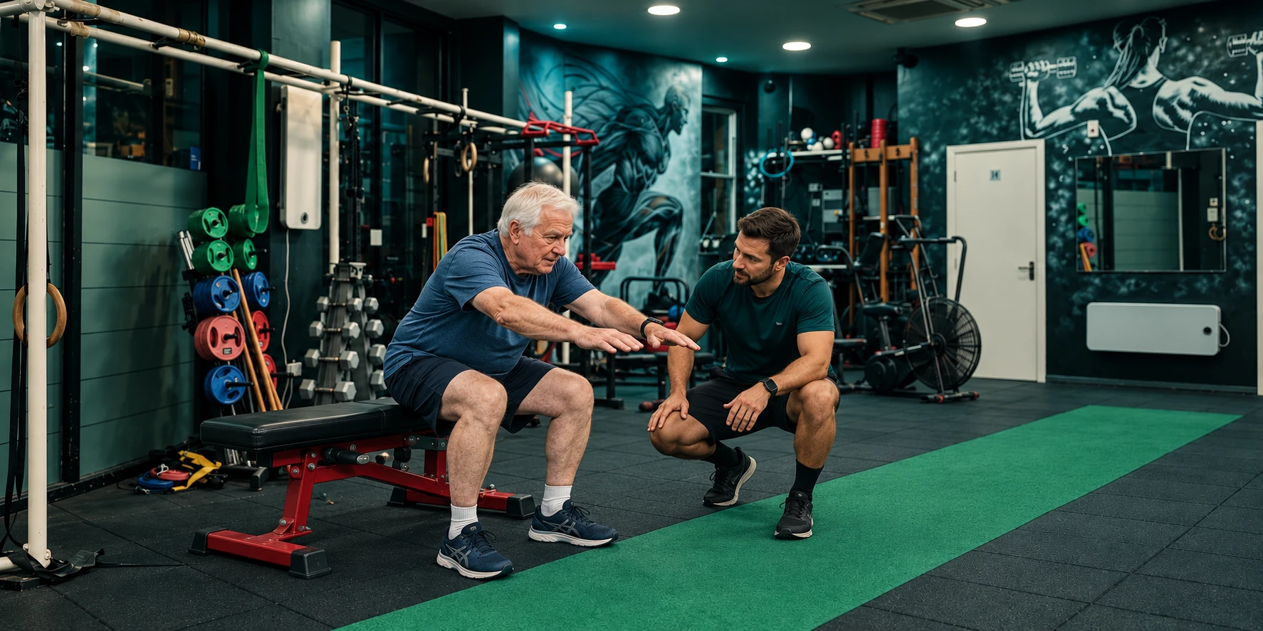 Older man practising a controlled sit-to-stand with a male trainer