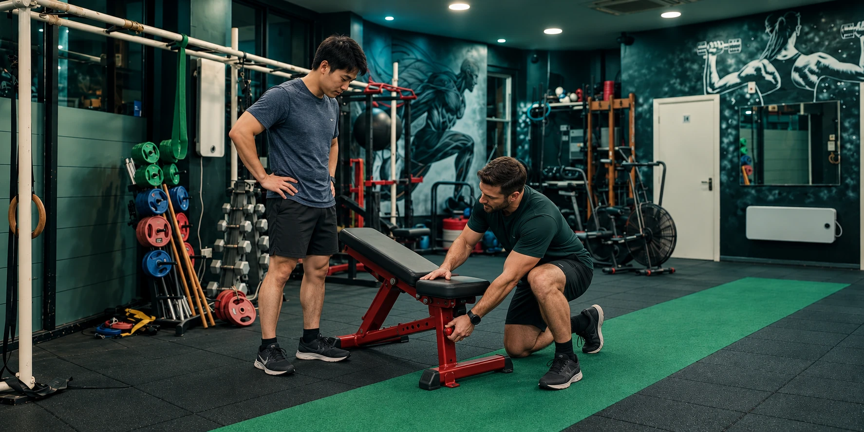 Man learning how to set up a training bench with his male trainer