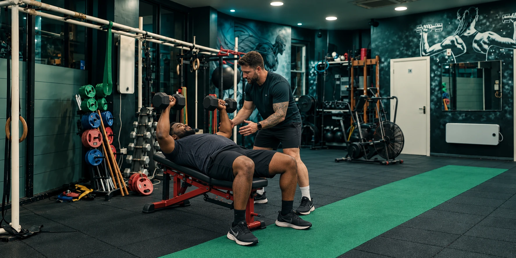 Man practising a light dumbbell chest press with a male trainer