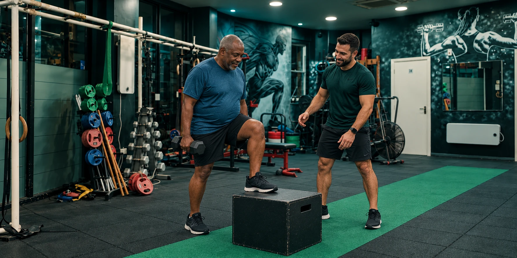 Man practising a low step-up with his male trainer