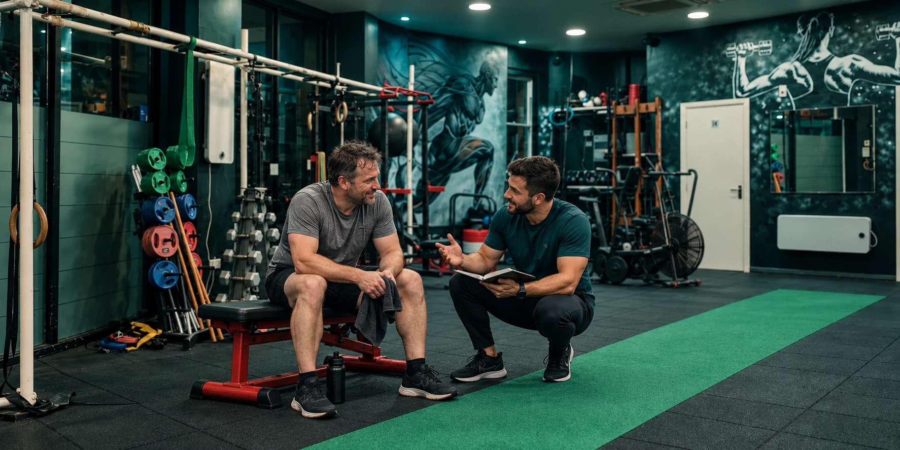 Man having a calm conversation with a male health coach