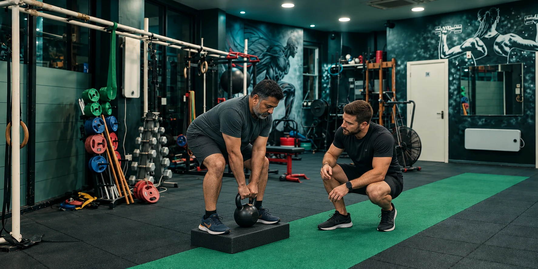 Man practising a light kettlebell deadlift with a male trainer