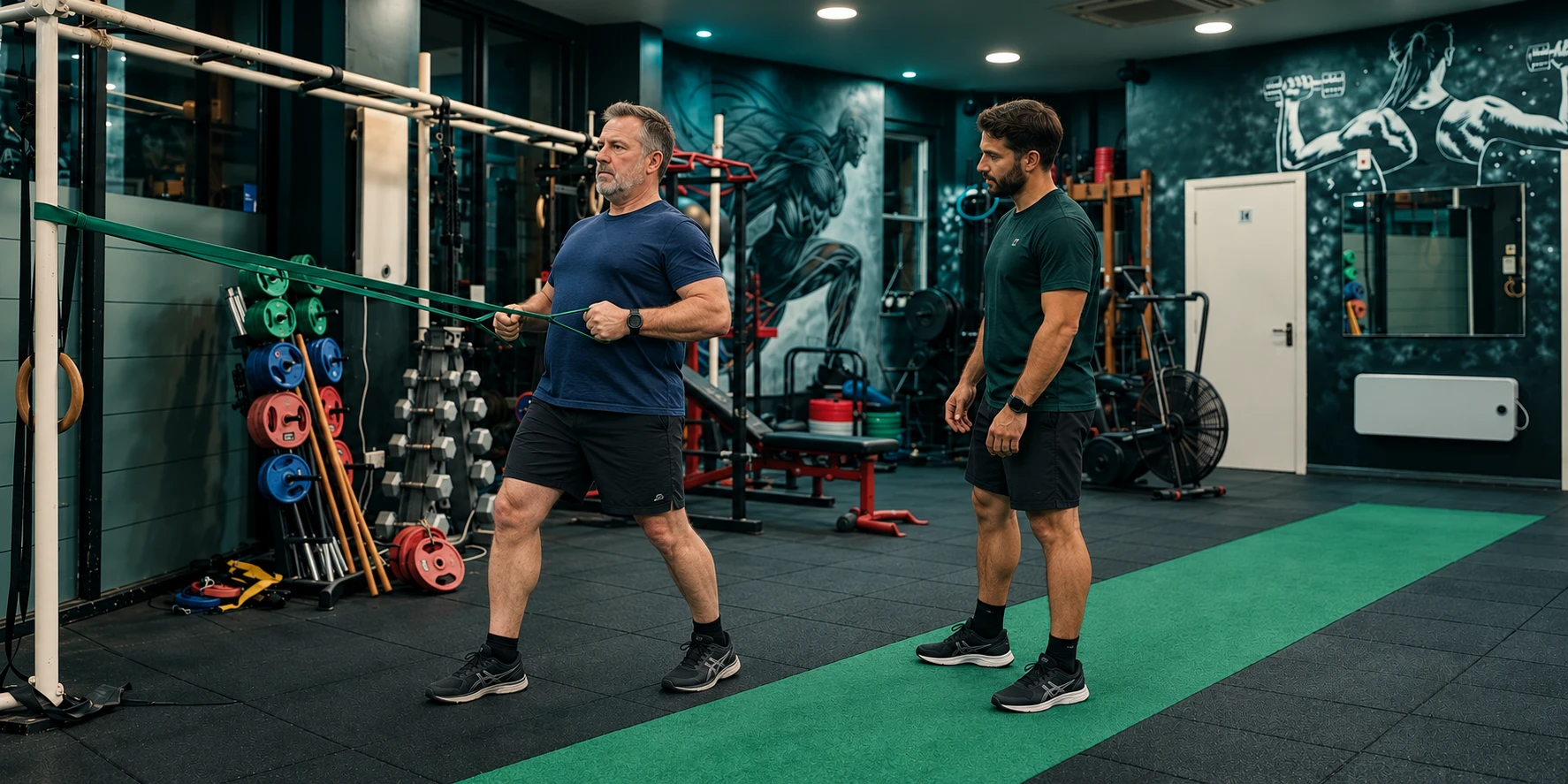 Man practising a gentle resistance-band row with a male trainer