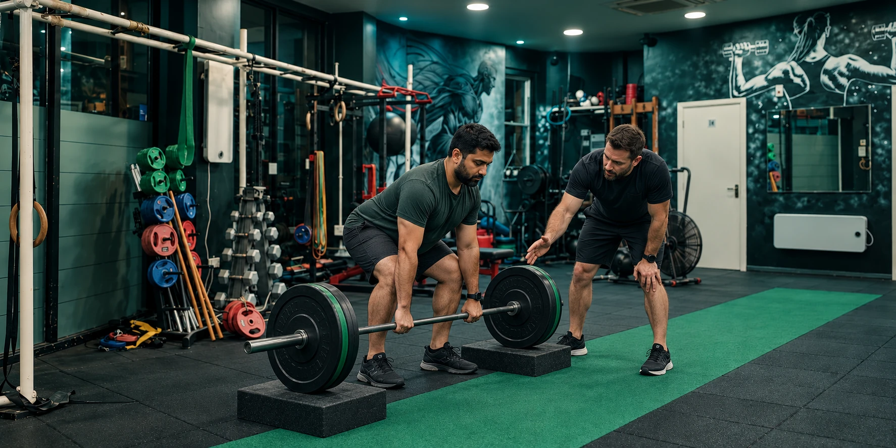 Man practising a controlled barbell deadlift with a male trainer