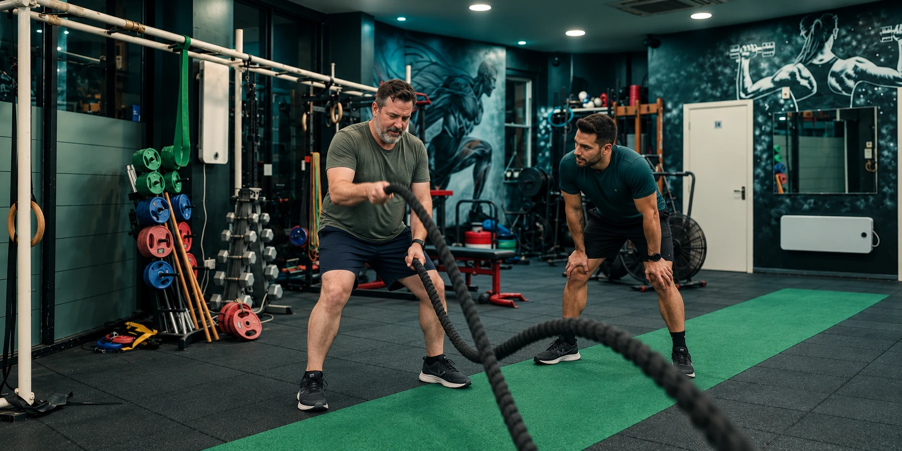 Man using battle ropes with a male trainer