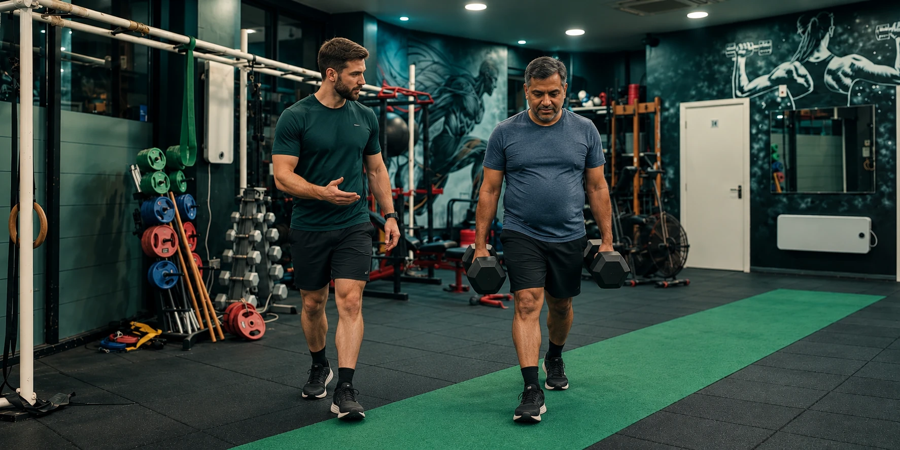 Man practising a light dumbbell farmer carry with a male trainer