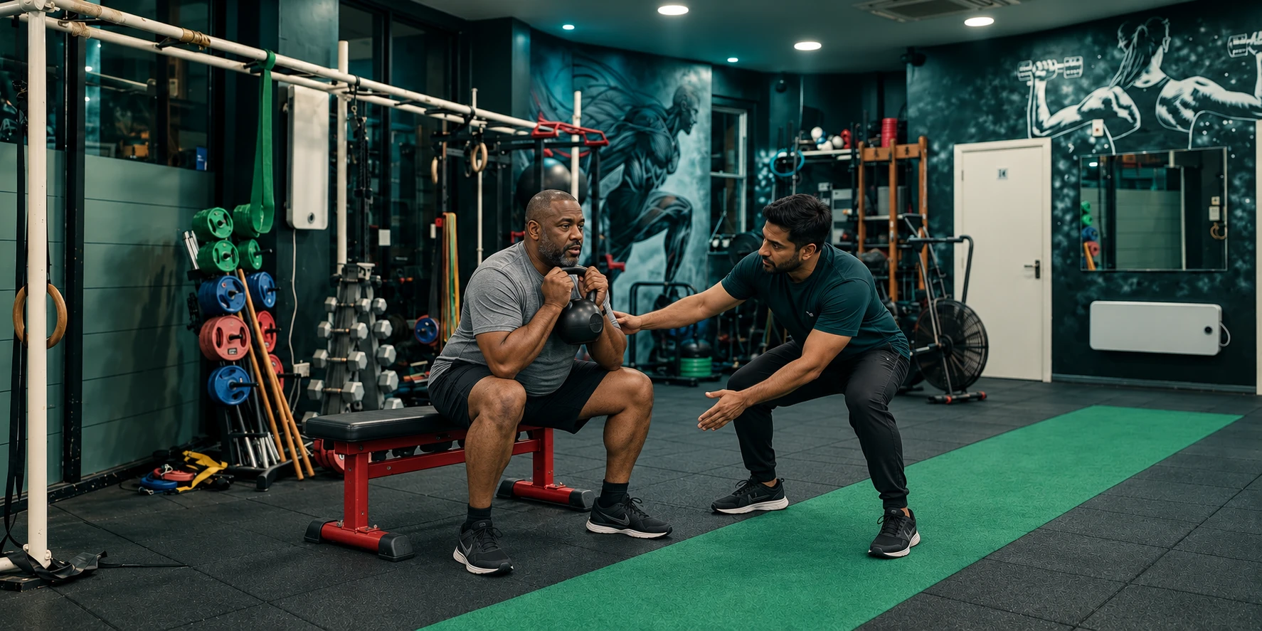 Male trainer coaching a man through a light squat to a bench