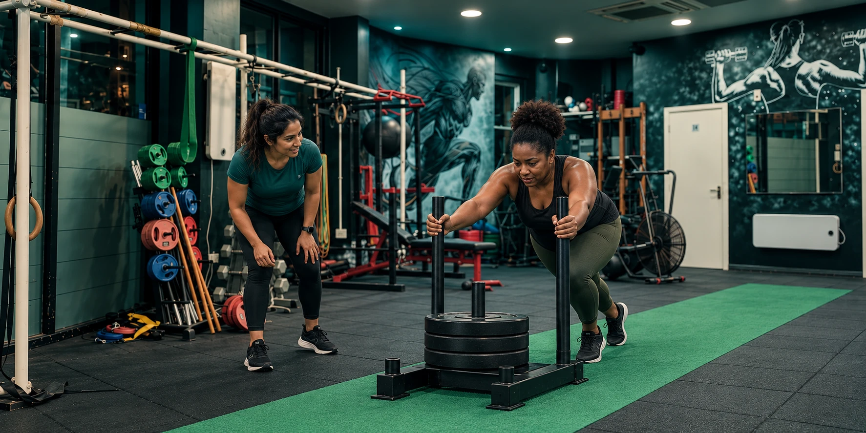 Woman pushing a compact gym sled with a female trainer alongside