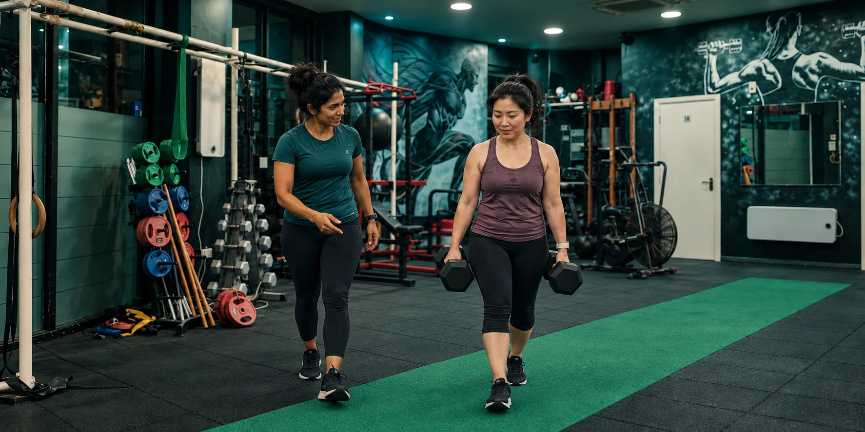 Woman practising a light dumbbell farmer carry with her female trainer
