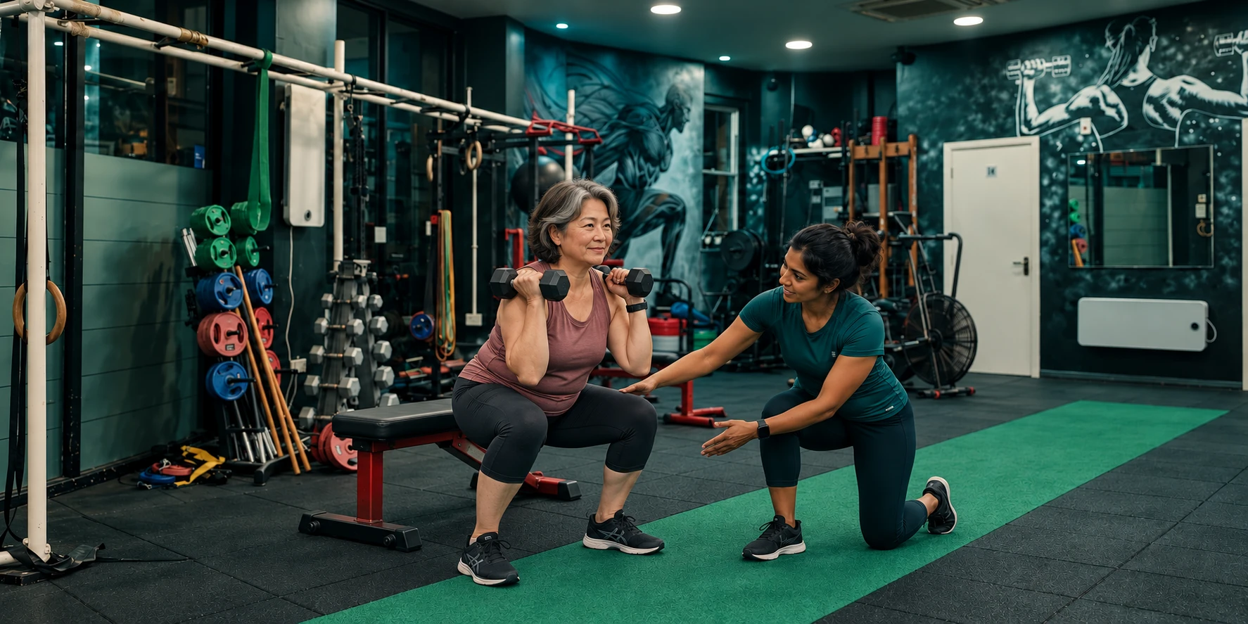 Midlife woman practising a squat to a bench with her female trainer