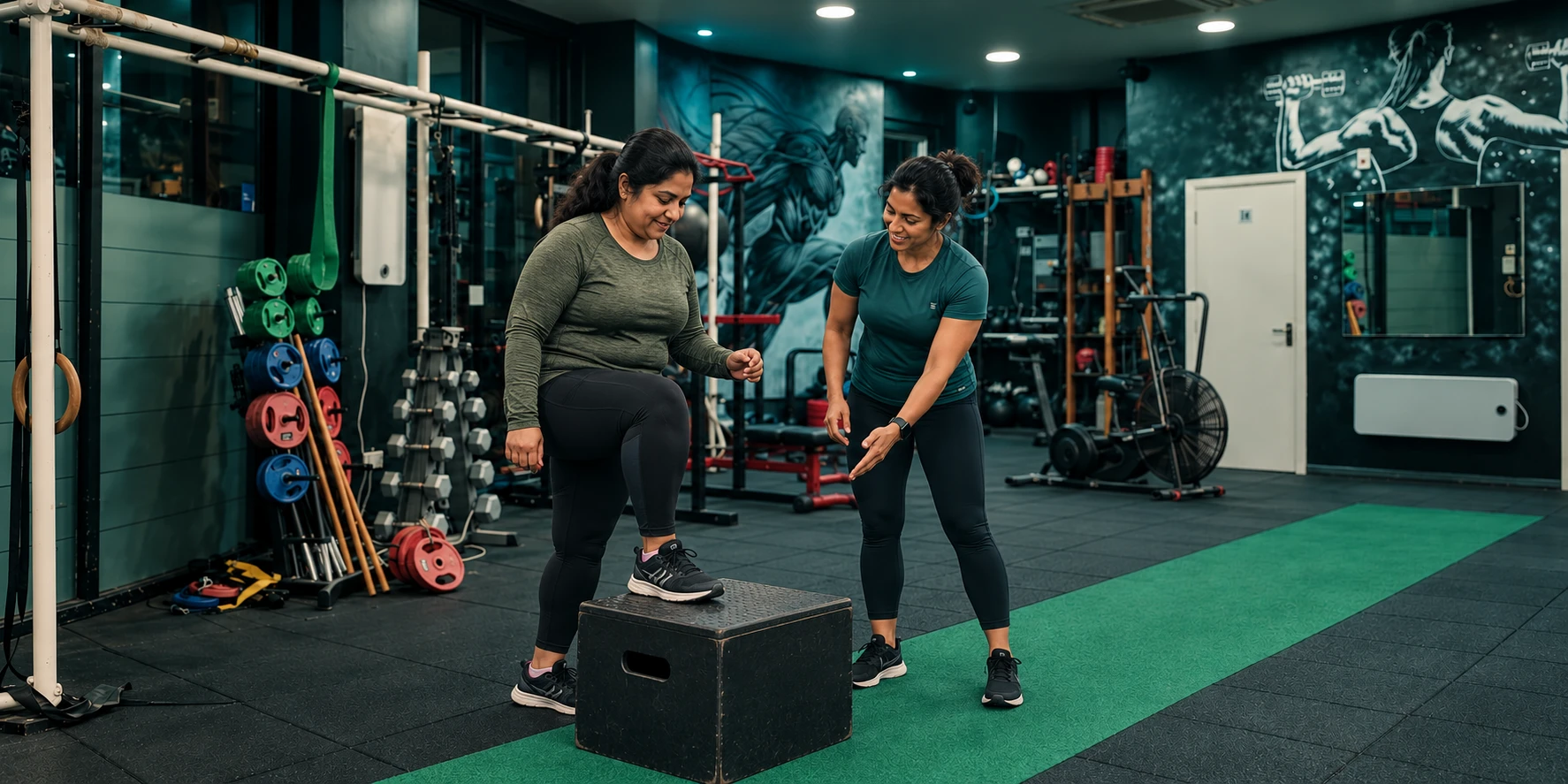 Woman practising a manageable low step-up with her female trainer