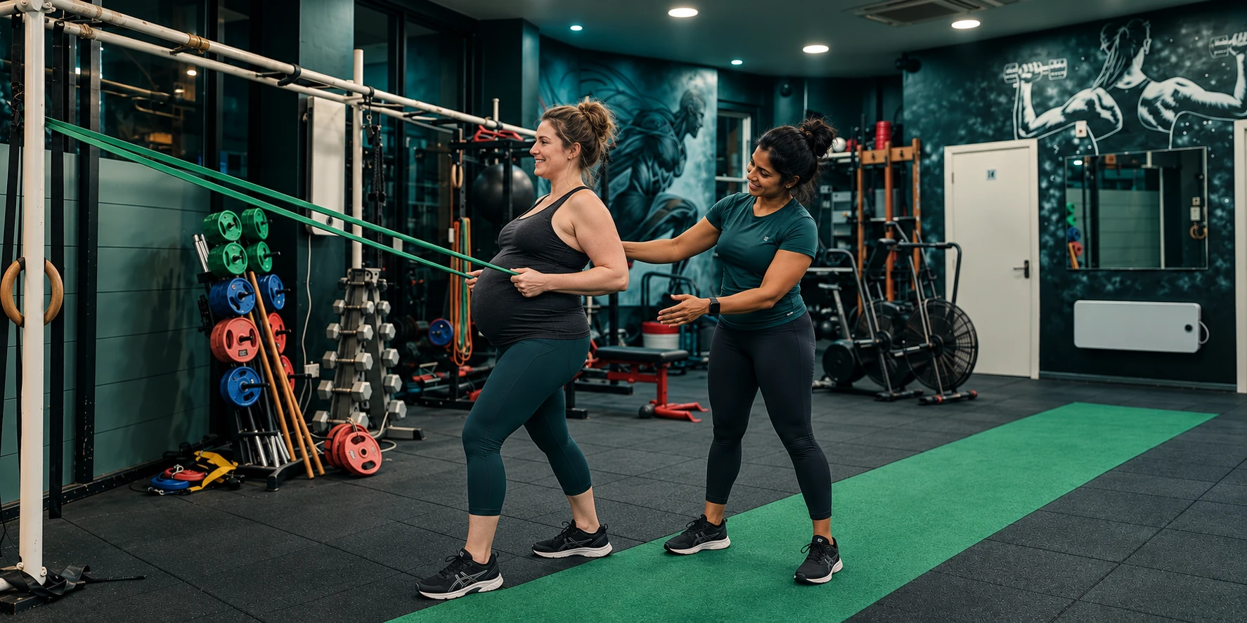 Pregnant woman practising a gentle supported resistance-band row with a female trainer