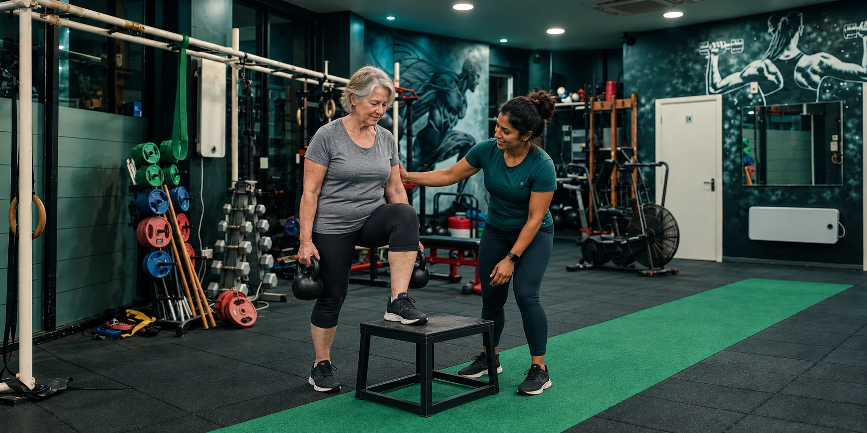 Older woman practising a low step-up with a female trainer