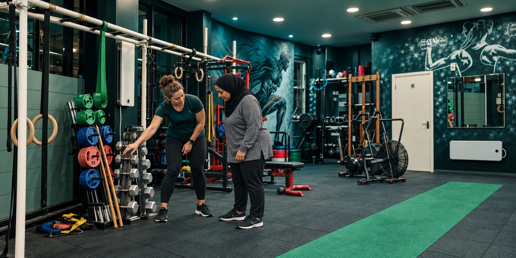 Woman learning how to choose dumbbells with her female trainer