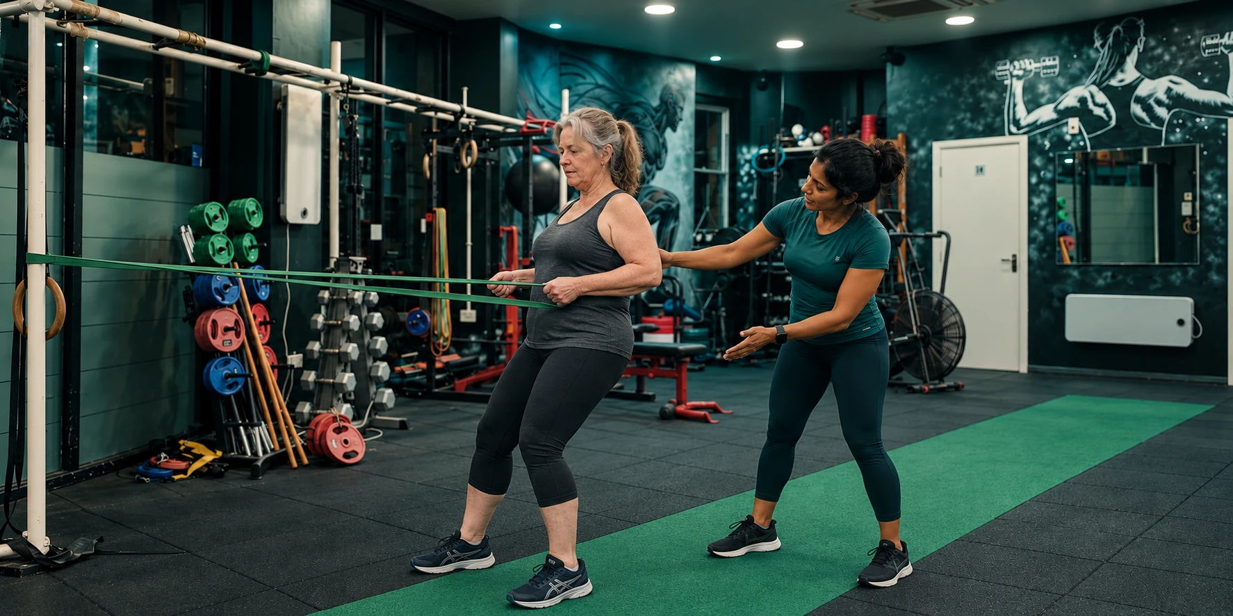 Woman practising a light resistance-band row with her female trainer
