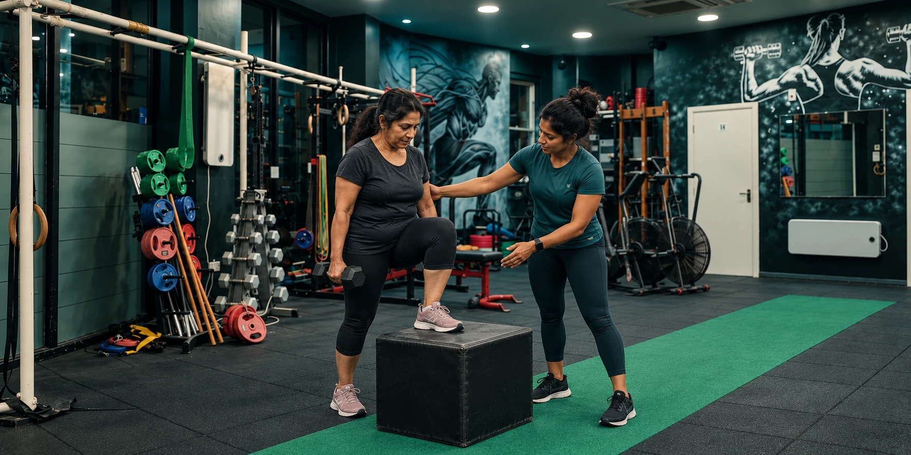 Woman practising a low step-up with her female trainer