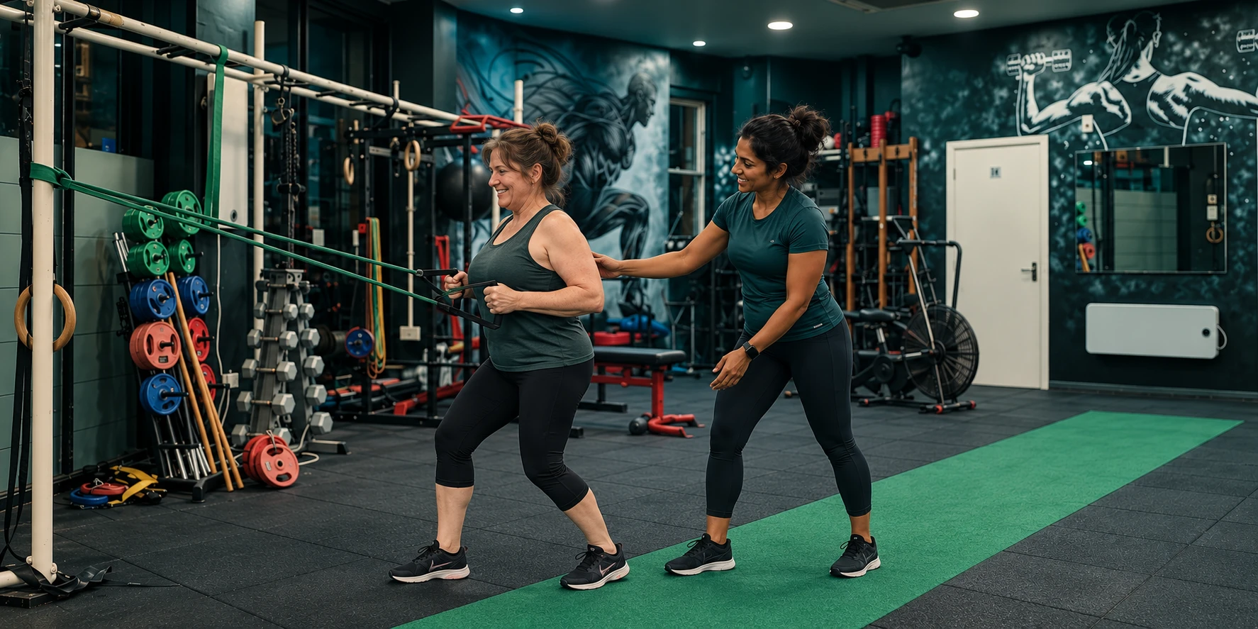 Woman practising a gentle resistance-band row with a female trainer