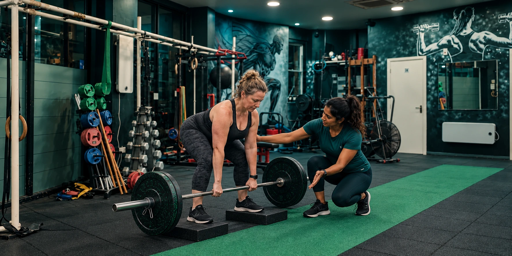Woman learning a controlled barbell deadlift with a female trainer