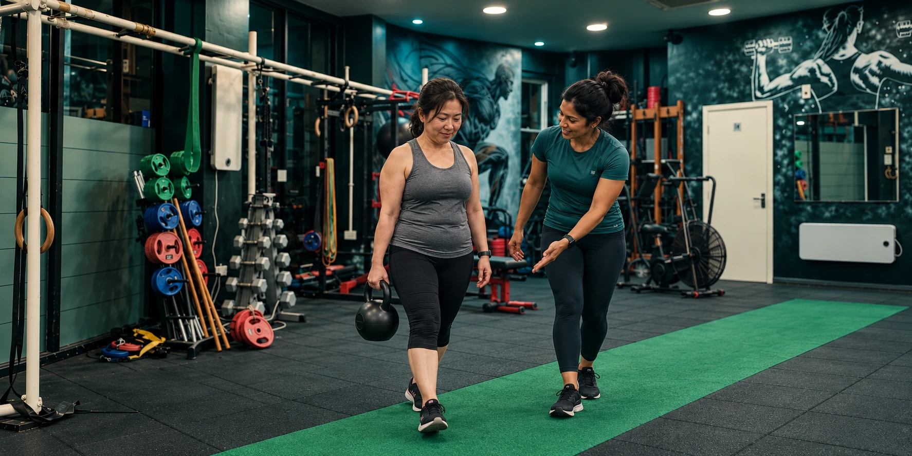 Woman practising a light kettlebell carry with her female trainer