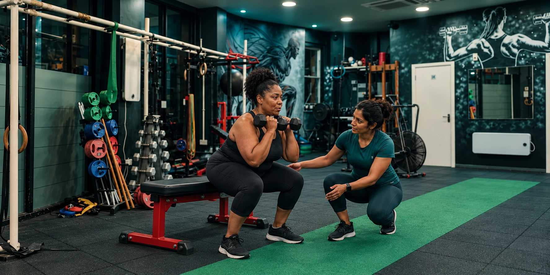 Woman practising a squat to a bench with her female trainer