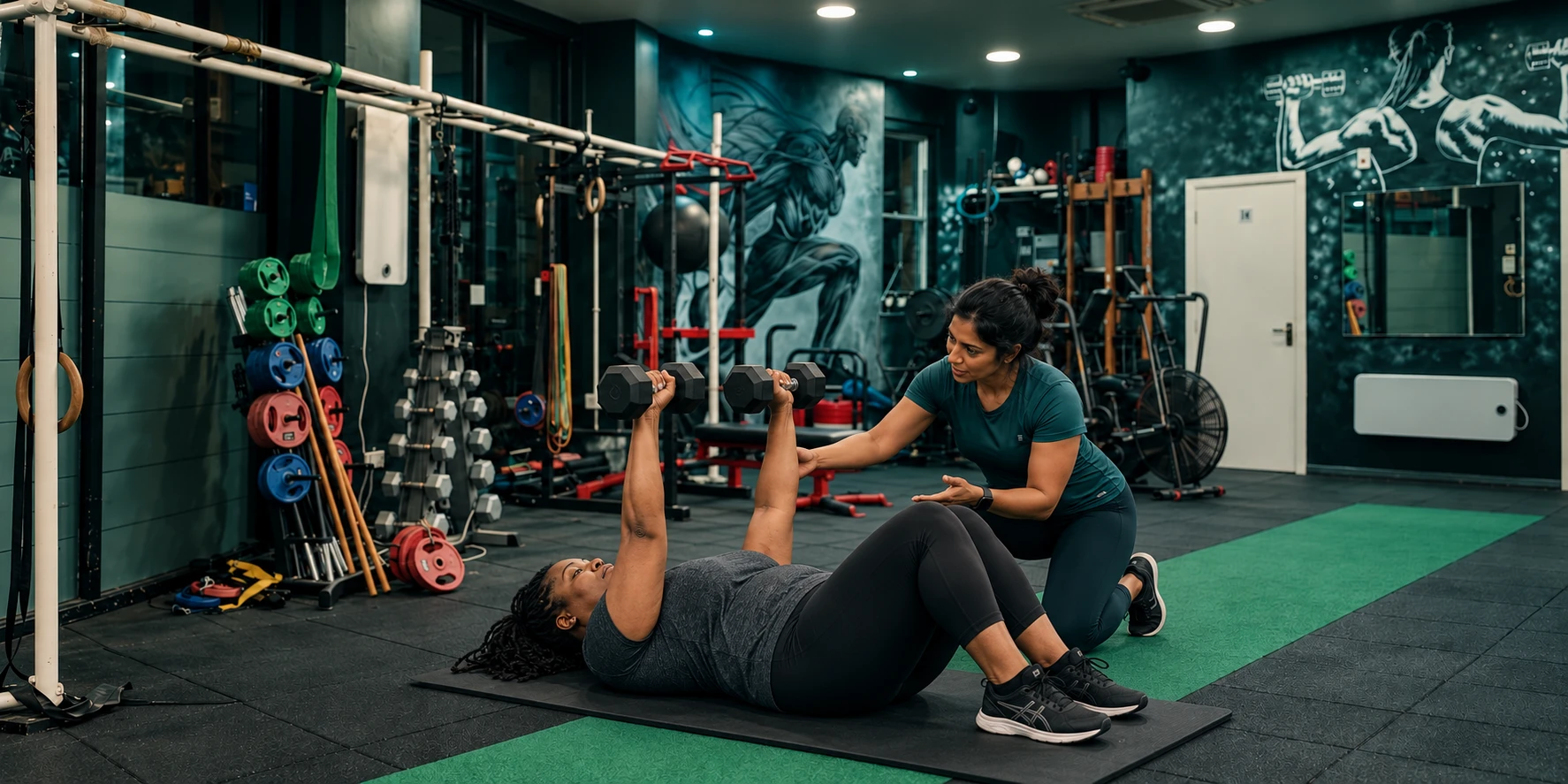 Female trainer guiding a woman through a light dumbbell floor press